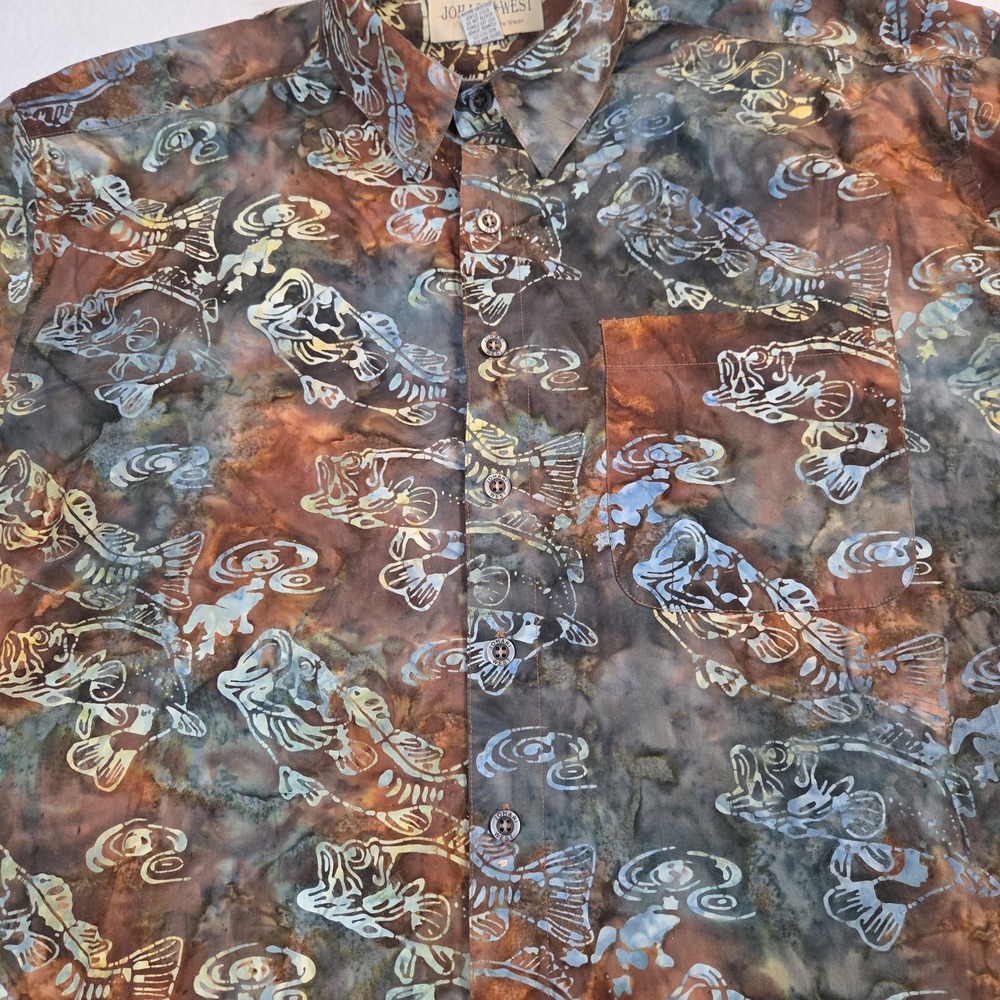 Johari West Shirt Mens 3XLT Brown Batik Hawaiian Short Sleeve Large Mouth Bass - Picture 2 of 9